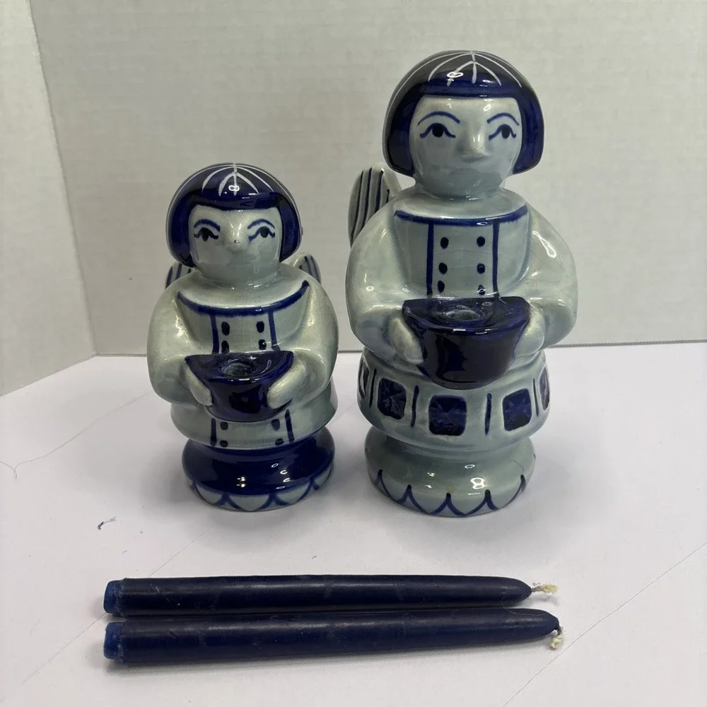 Pair Of Gzhel Russia Blue & White Porcelain Angel Candle Holder 5